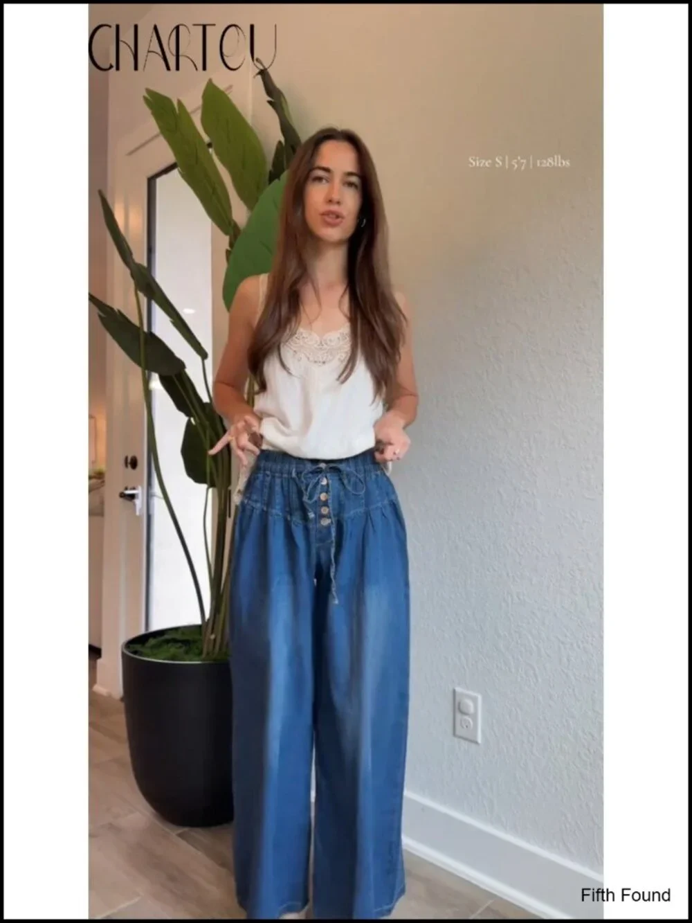 Baggy Wide Leg Denim Pants Drawstring Midi Waisted Flare Jeans Ruffle Pleated